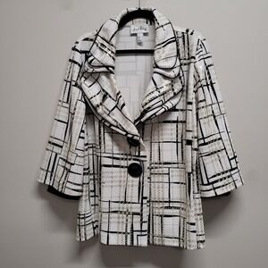 Joseph Ribkoff Gold Metallic Grid Swing Jacket Tiered Collar Black White Size 10